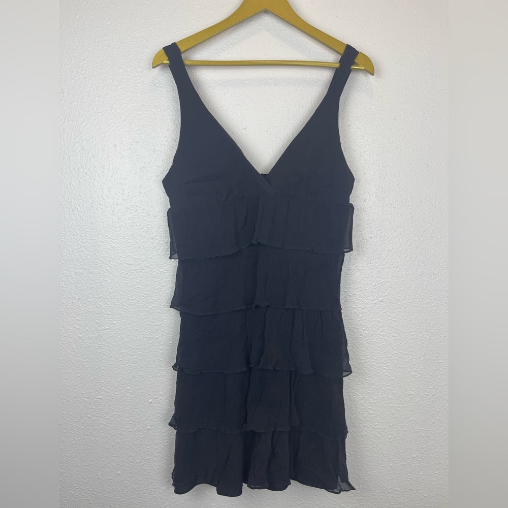 J. Crew Zadie 100% Silk Black Mini Dress Tiered Ruffle V-Neck Size 10 - Picture 7 of 10
